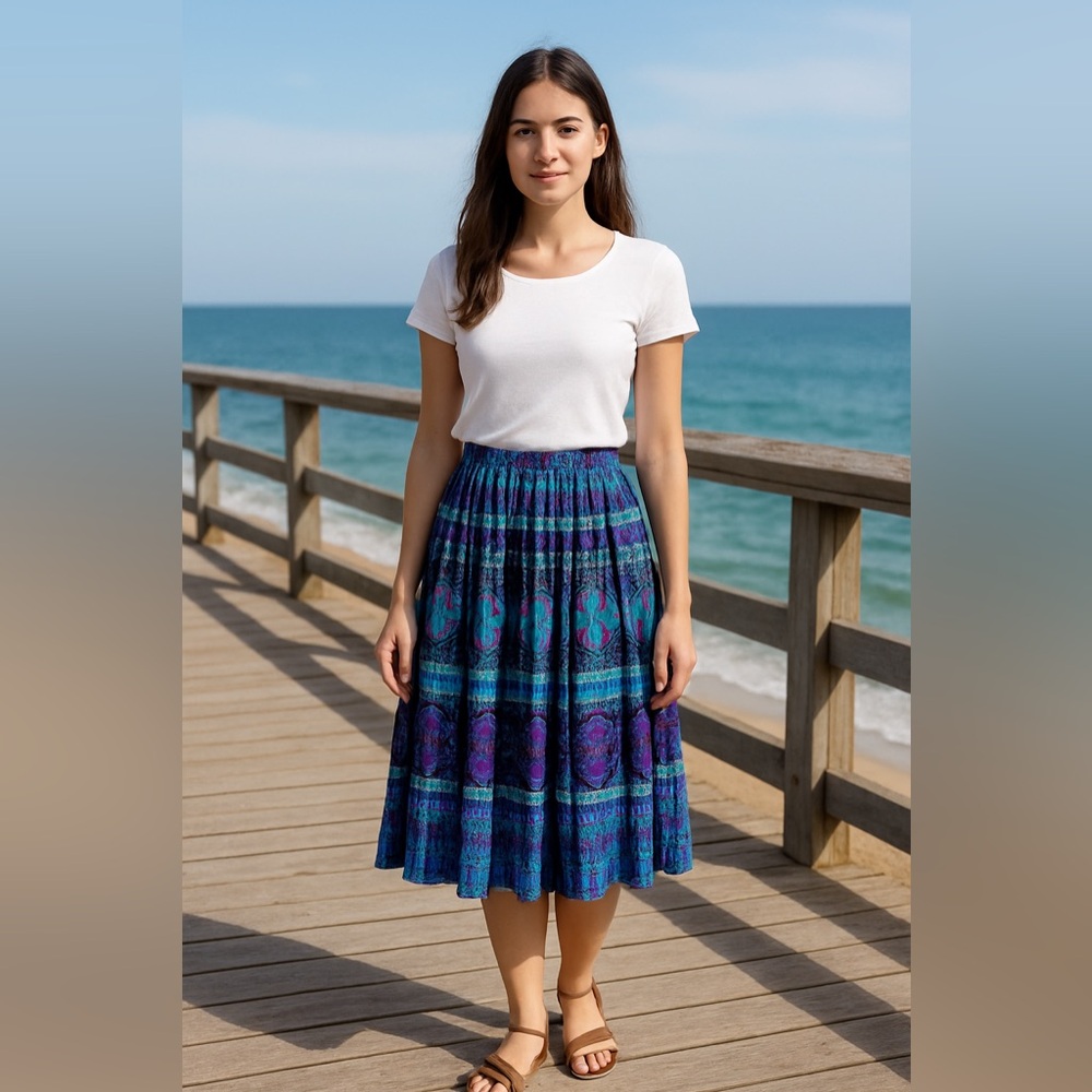 Vintage Three Flaggs Blue Purple Boho Accordion Pleated Midi Skirt EUC 16 #1092